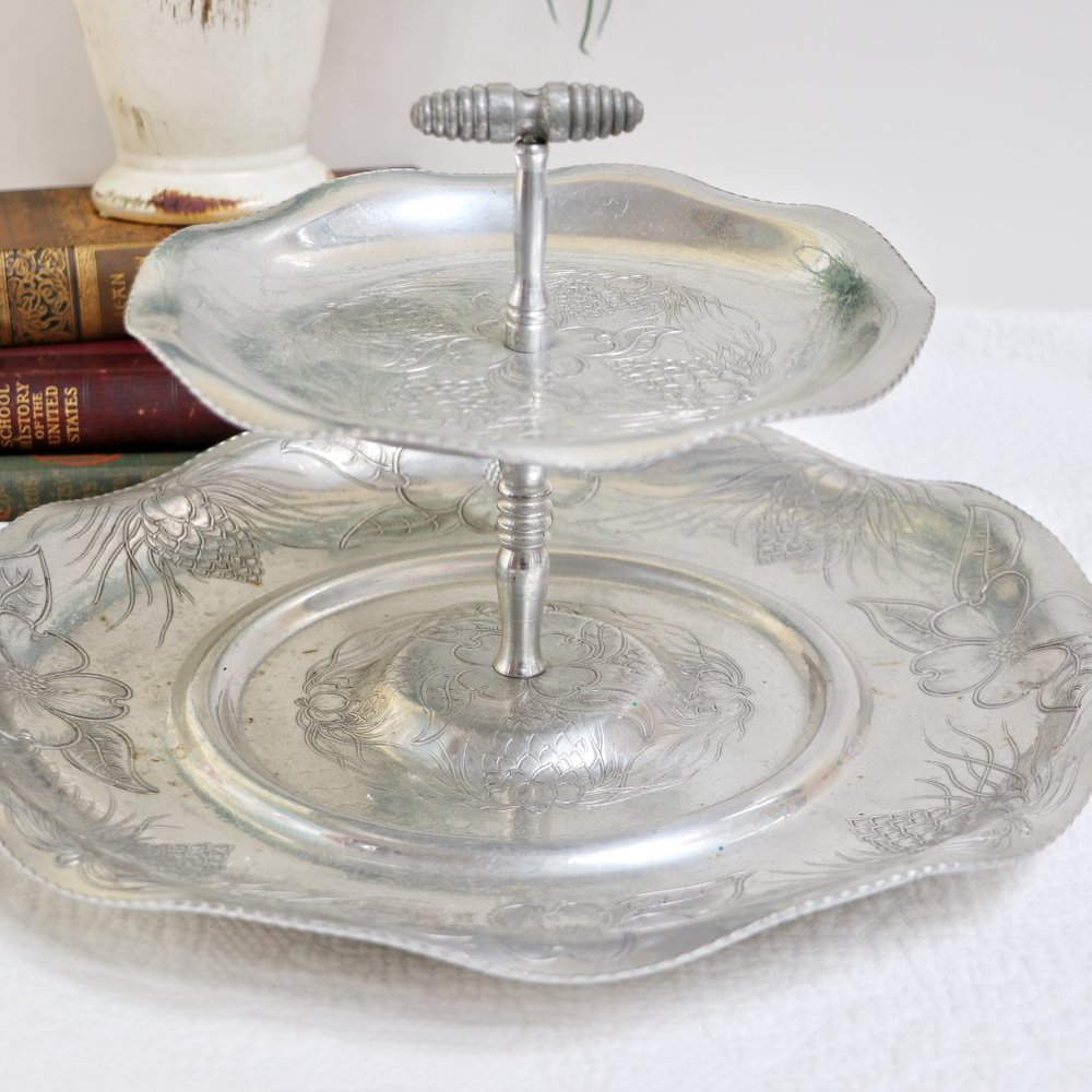 Vintage Embossed Aluminum Tier Dessert Tray